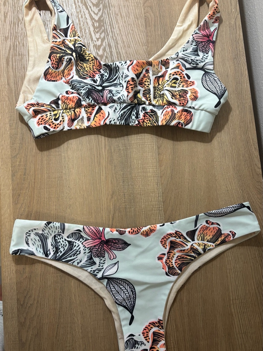 Kulani Kinis - Floral Print Women's Bikini Set - Cream with Orange & Pink